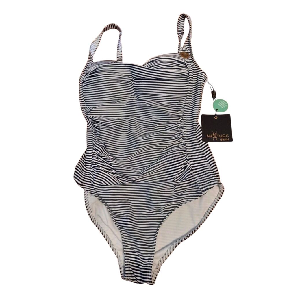 NEW Nip Tuck Swimsuit Navy White Stripes MultiCup Bra 1 Pc Swimsuit 6 NWT
